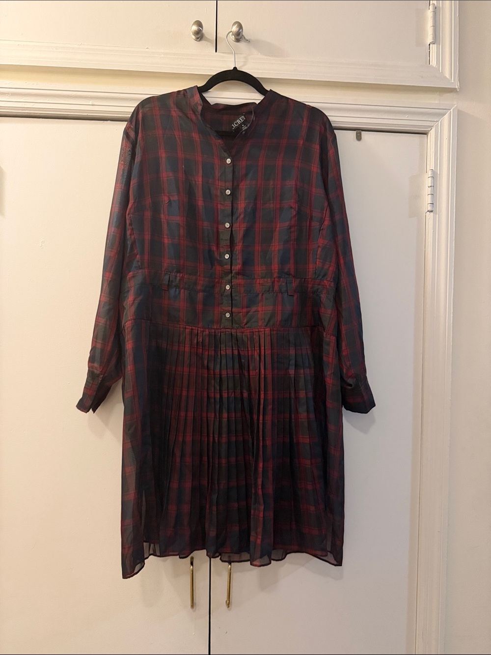 J. Crew Red and Black Plaid Long-Sleeve Pleated Shirt Dress